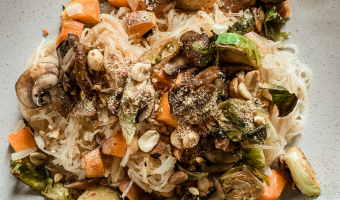 Plate of Spicy Peanut Vermicelli with Sheet Pan Veggies