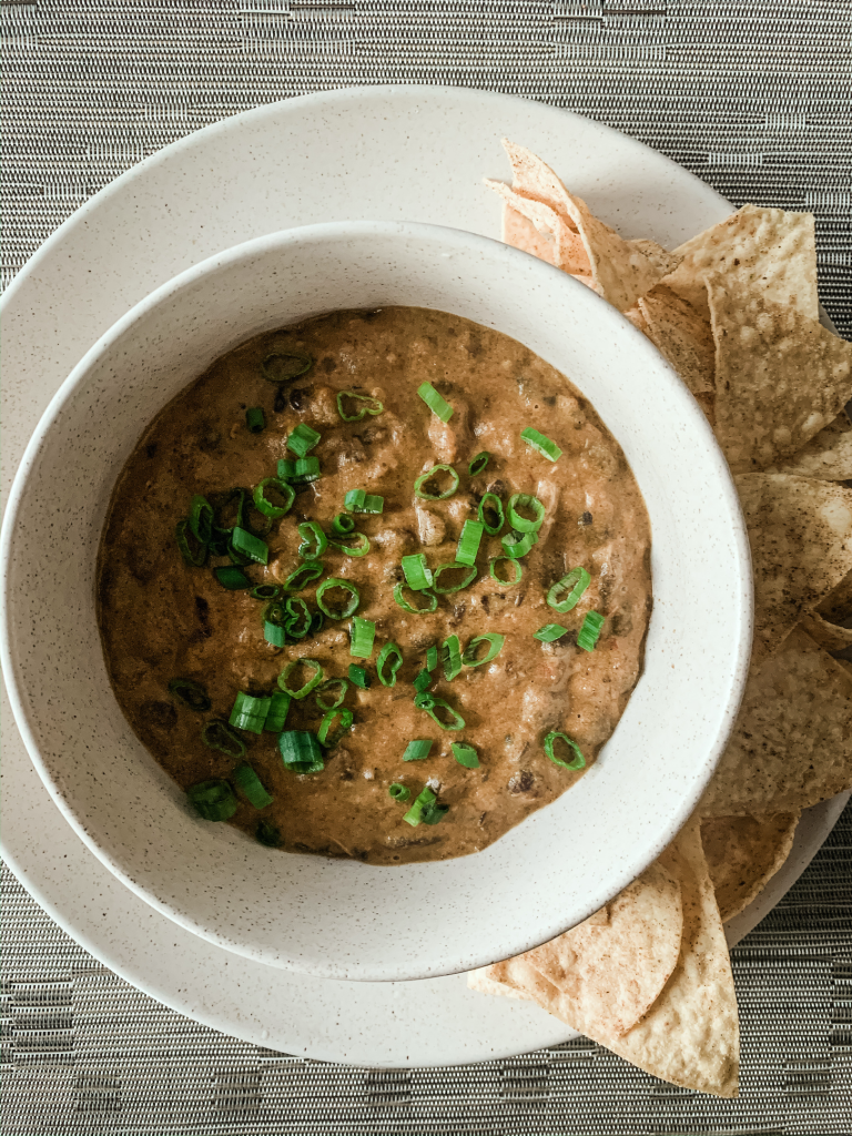 Recipes, Curry black bean dip in bowl with tortilla chips