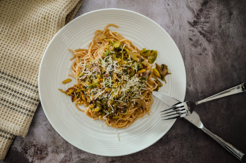 Mushroom and Brussels Sprouts Carbonara 